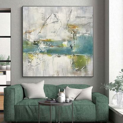Large Painting In Living Room Gray, Blue, and Green Textured Abstract Art HS609