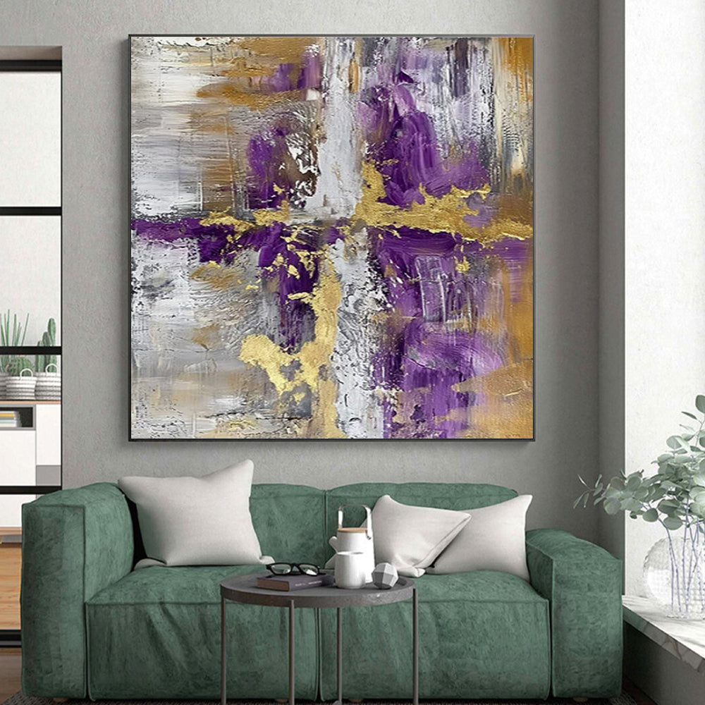 Modern Art Acrylic Purple, Gold, and Gray Abstract Composition HS593