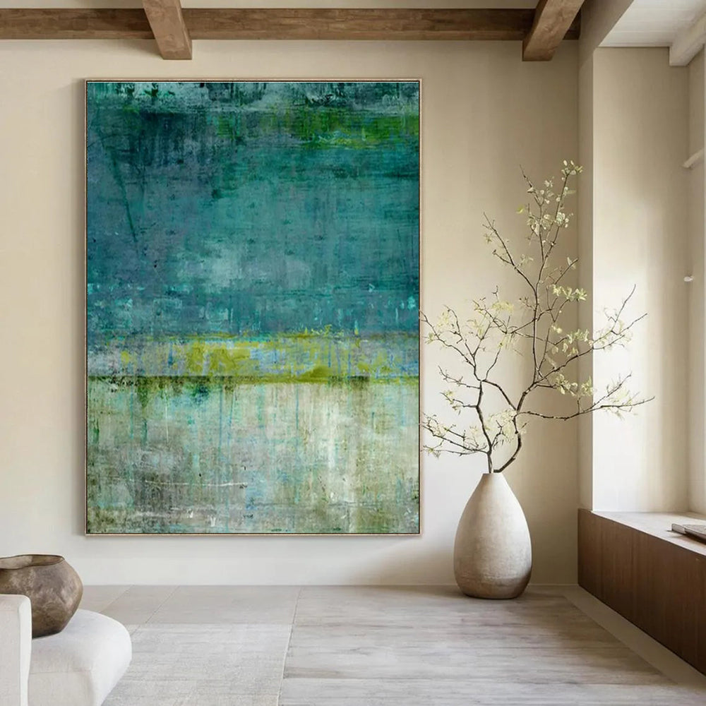 Teal, Green, and Beige Abstract Textured Painting For Sale WS513