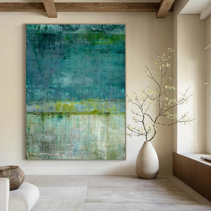 Teal, Green, and Beige Abstract Textured Painting For Sale WS513