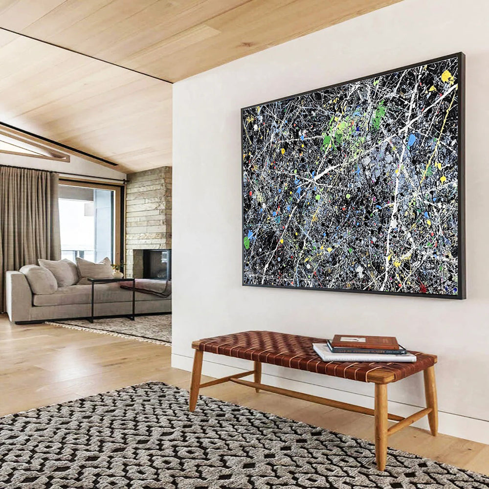Contemporary Abstract Art with Multicolored Splatters and Black Background, Pollock - Style Abstract Theme WB311