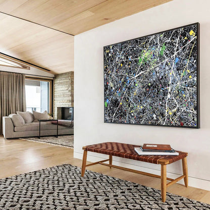 Contemporary Abstract Art with Multicolored Splatters and Black Background, Pollock - Style Abstract Theme WB311
