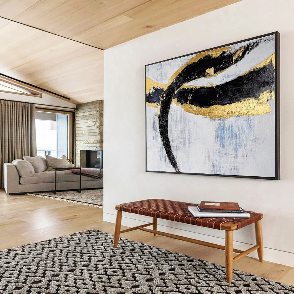 Oversized Canvas Art in Black, Gold, and White Textured Abstract Style WB240