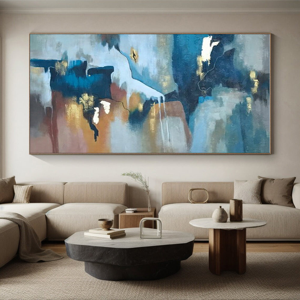 Large Contemporary Wall Art Blue, Brown, and Gold Abstract Composition HS652