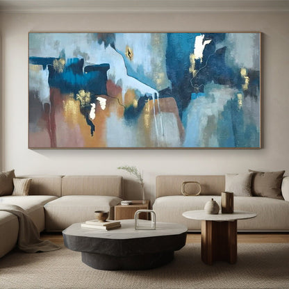 Large Contemporary Wall Art Blue, Brown, and Gold Abstract Composition HS652