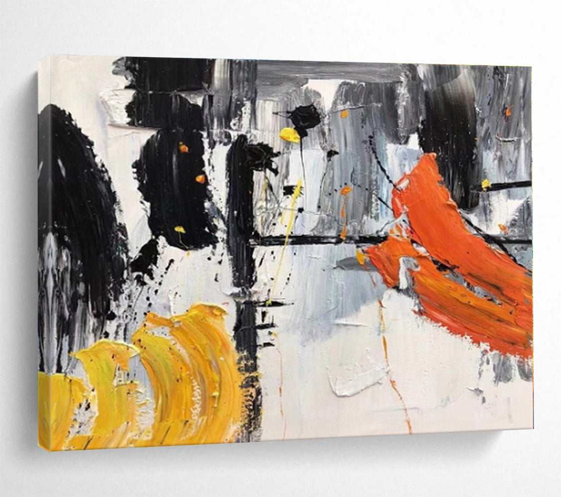 Large Size Black, White, Orange and Yellow Abstract Expressionist Painting WB061