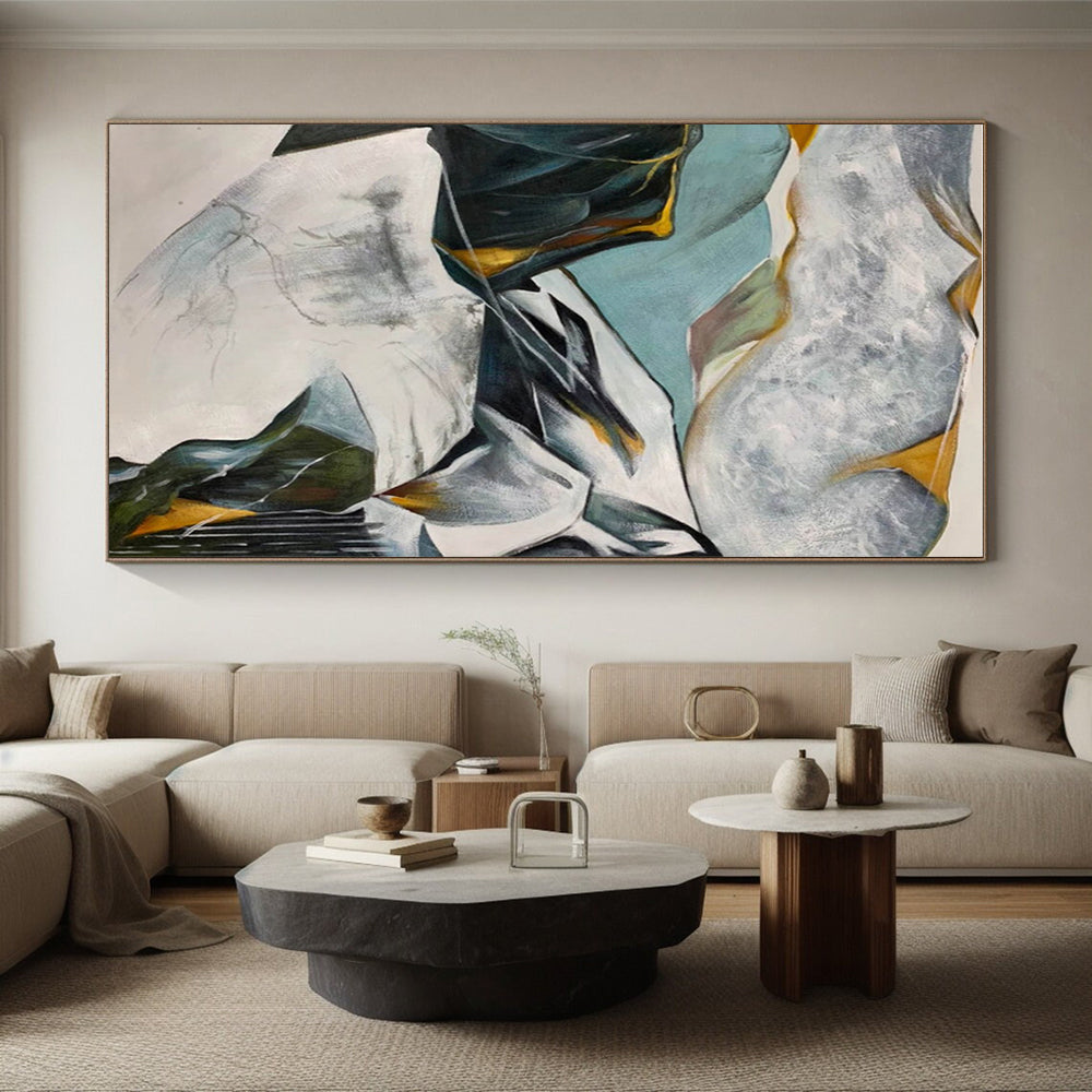Hand-Painted Teal, Gray & Yellow Abstract Mountain Landscape Art HS401