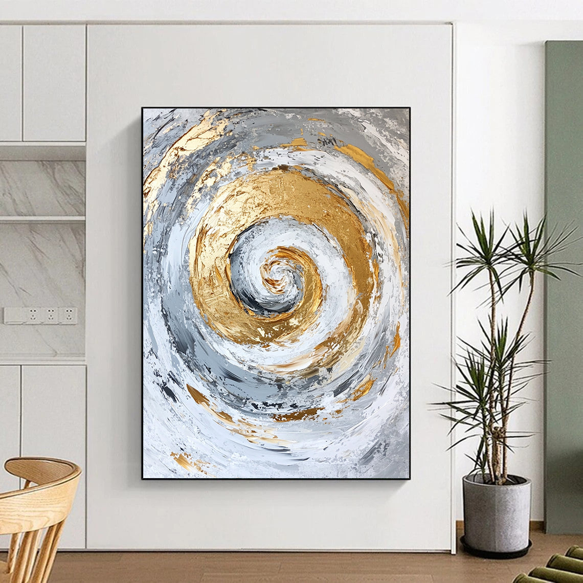 Large Contemporary Wall Art Gray, White, and Gold Abstract Spiral Painting For Sale HS138
