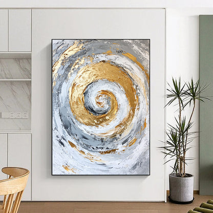 Large Contemporary Wall Art Gray, White, and Gold Abstract Spiral Painting For Sale HS138