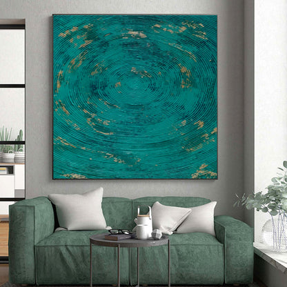 Handmade Art Teal and Gold Circular Textured Abstract Art HS615