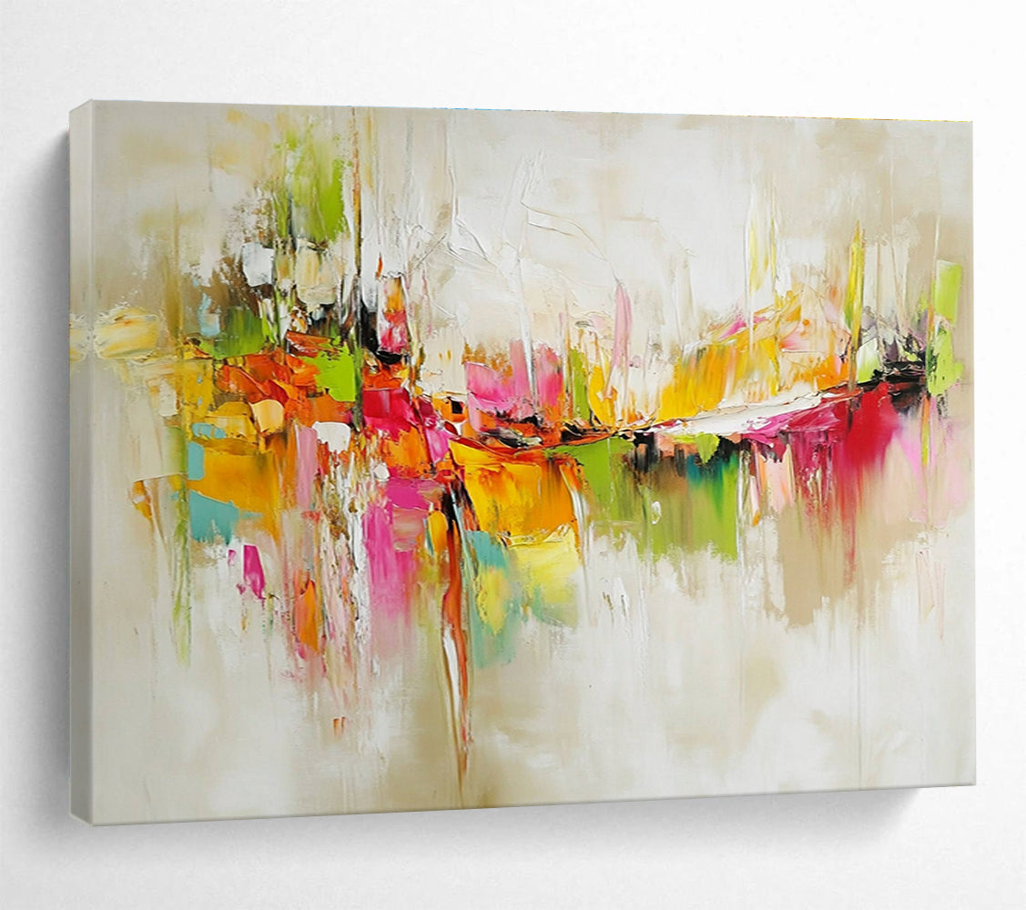 Huge Size Multicolored (Pink, Orange, Green, Yellow) Abstract Textured City - Acrylic Painting WB298