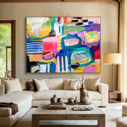 Hand-Painted Multicolor Gestural Abstract, Acrylic Modern Art Painting HS296