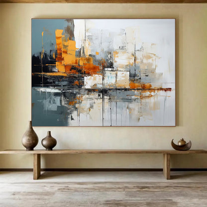 Oversized Canvas Art Gray, Orange, and White Abstract Cityscape, Abstract Acrylic Painting WB164