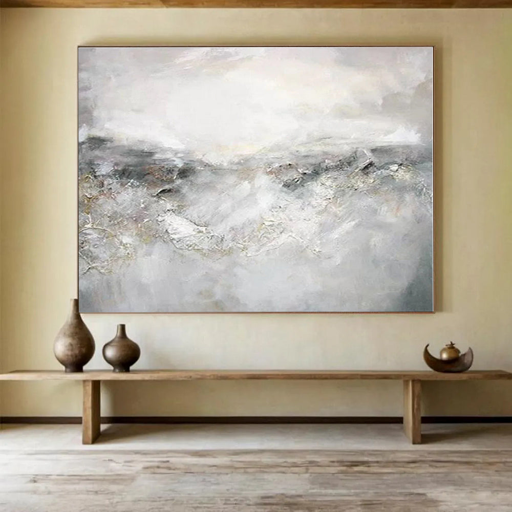 Huge Size Gray and White Abstract Misty Landscape Painting WB107