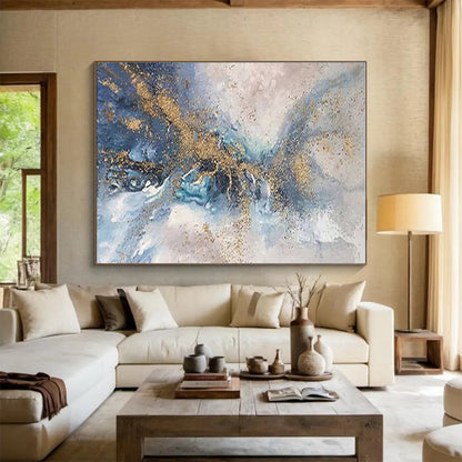 Big Size Blue, Gray and Gold Abstract Fluid Painting WB155