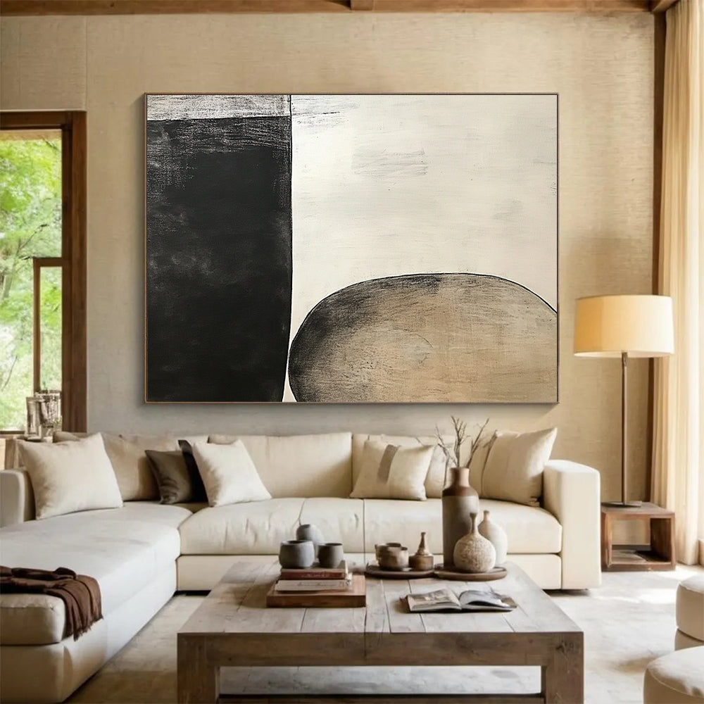 Unique Abstract Art Black, White, and Beige Abstract Organic Shape Painting For Sale HS155
