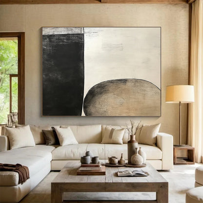 Unique Abstract Art Black, White, and Beige Abstract Organic Shape Painting For Sale HS155