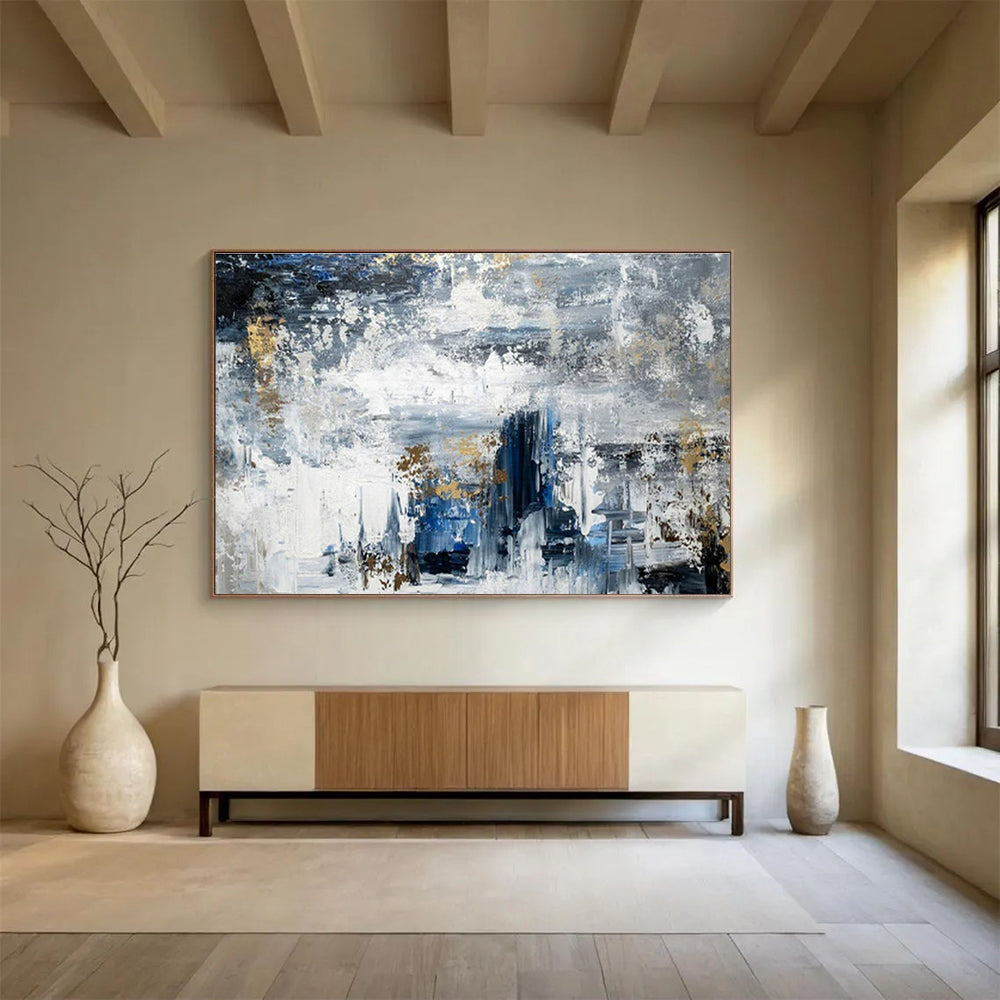 Blue, White, Gold Abstract Splash Art For Sale WB372