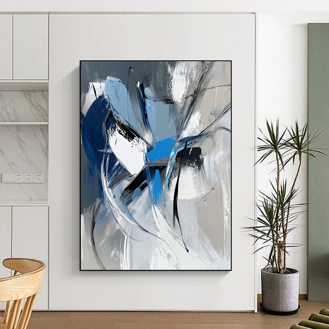Acrylic Modern Art Paintings Blue, Black, and White Abstract Expressive Painting For Sale HS164