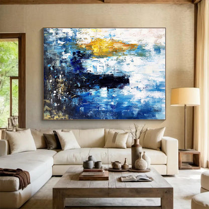 Hand-Painted Blue, Yellow & Black Gestural Abstract, Acrylic Modern Art Painting HS432