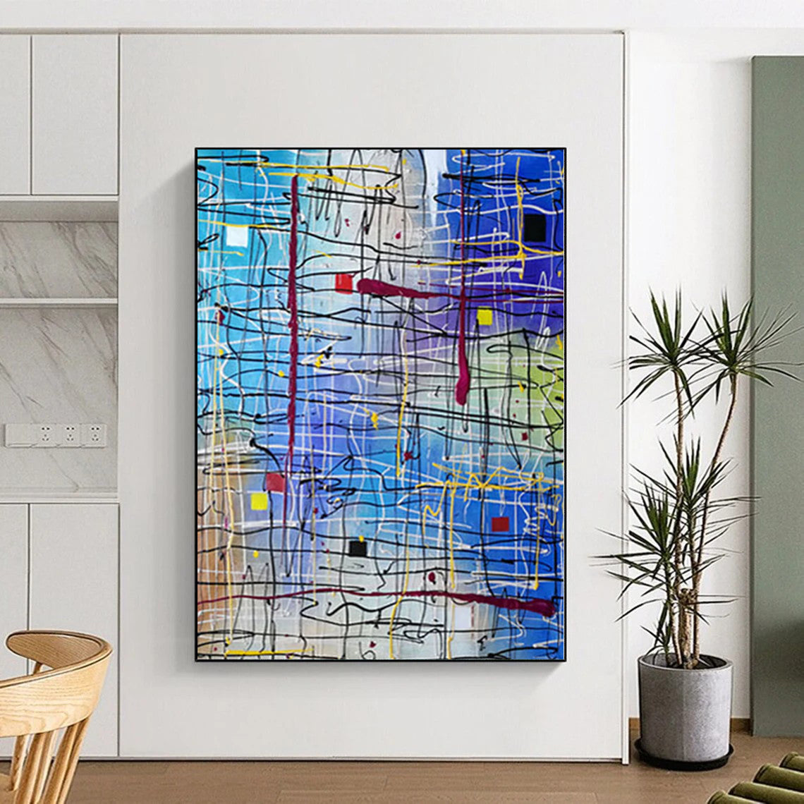 Unique Abstract Paintings Blue and Multicolor Line Abstract Painting For Sale HS099