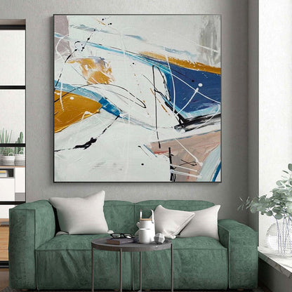 Big Painting Blue, Gold & White Gestural Abstract, Acrylic Modern Art Painting HS219