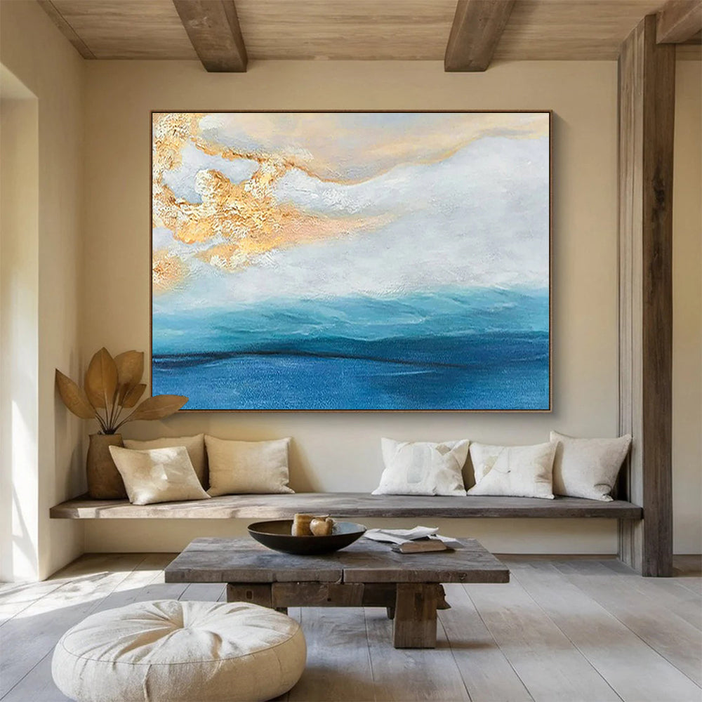 Contemporary Abstract Painting: Blue and Gold Coastal Sunset Abstract Painting WB341