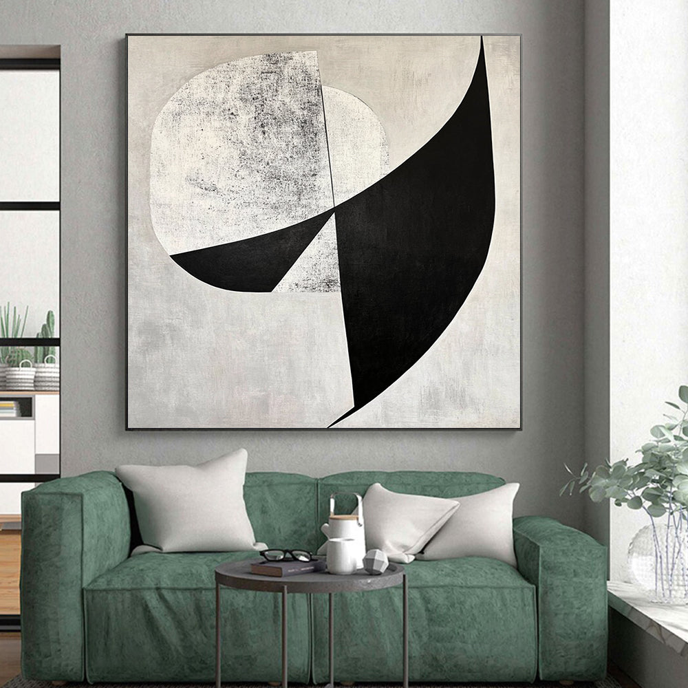 Hand-Painted Black, White, and Gray Geometric Textured Abstract Art HS189