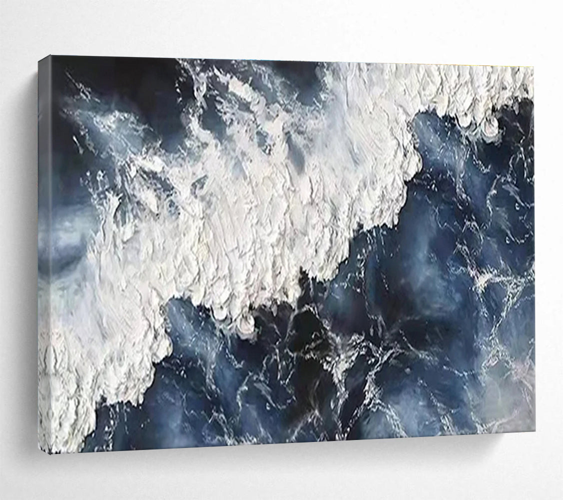 Oversized Canvas Art in Dark Blue and White Abstract Wave Style WB225