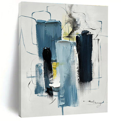 Large Contemporary Wall Art with Blue, Black, White and Yellow Colors, Abstract Urban Theme HS479