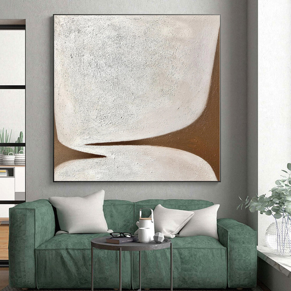 Hand-Painted White and Brown Abstract Shape Painting For Sale HS039