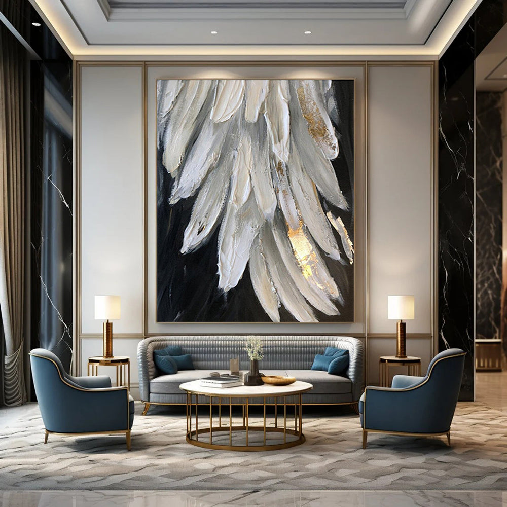 White and Gold Textured Feather Abstract Painting For Sale Online WS469