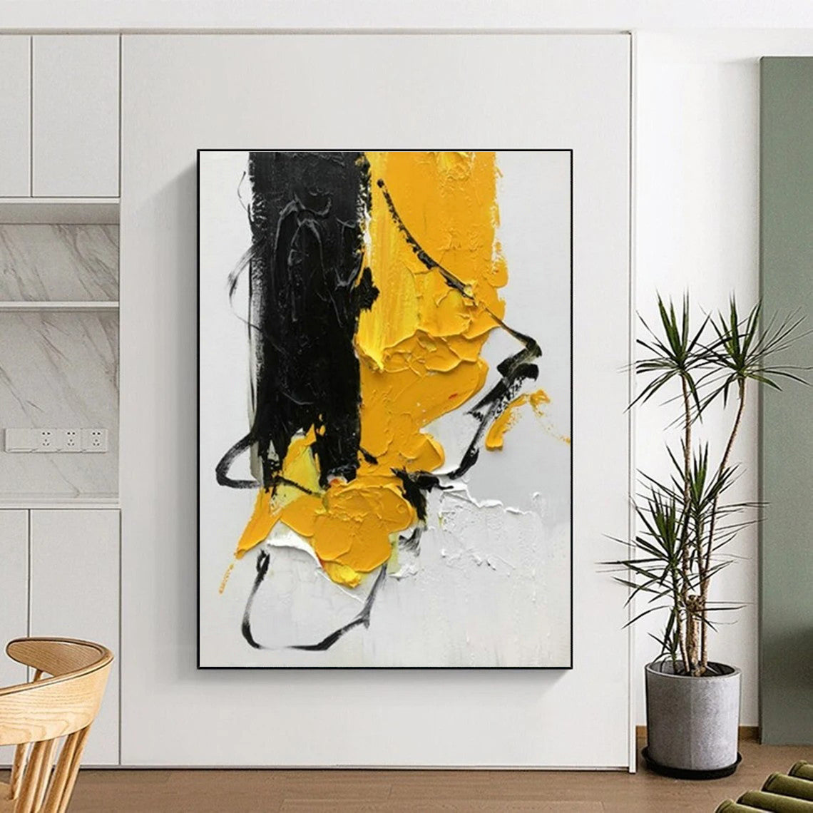 Hand-Painted Acrylic Modern Art Painting with Black, Yellow, White Textured Brushstrokes - Cool Abstract Paintings HS521