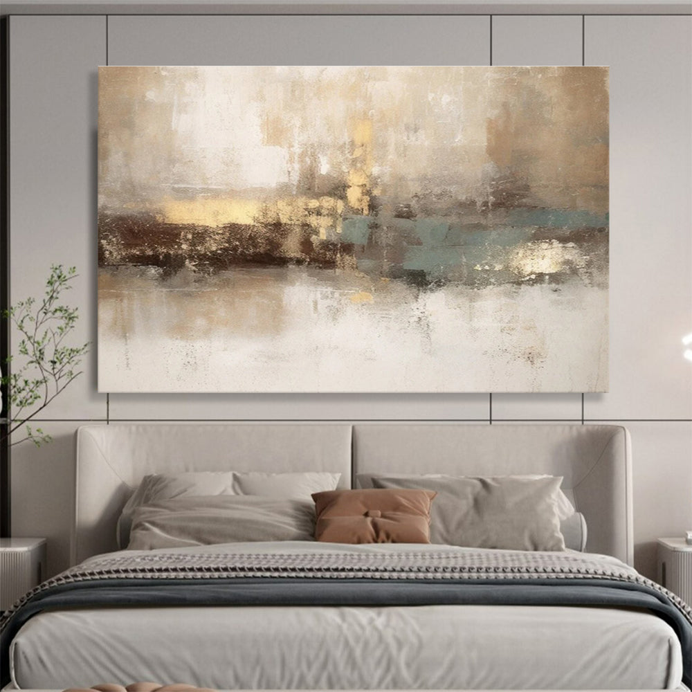 Horizontal Big Size Beige, Brown and Teal Abstract Landscape Painting WB201