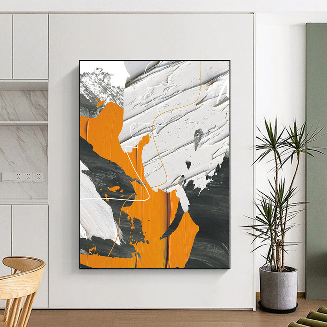 Hand-Painted Orange, Black, and White Abstract Textured Painting For Sale HS090