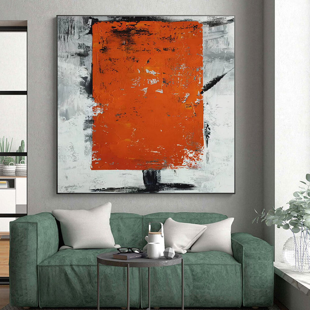 Hand Painted Art Orange & Gray Textured Abstract Geometric Block Art HS403