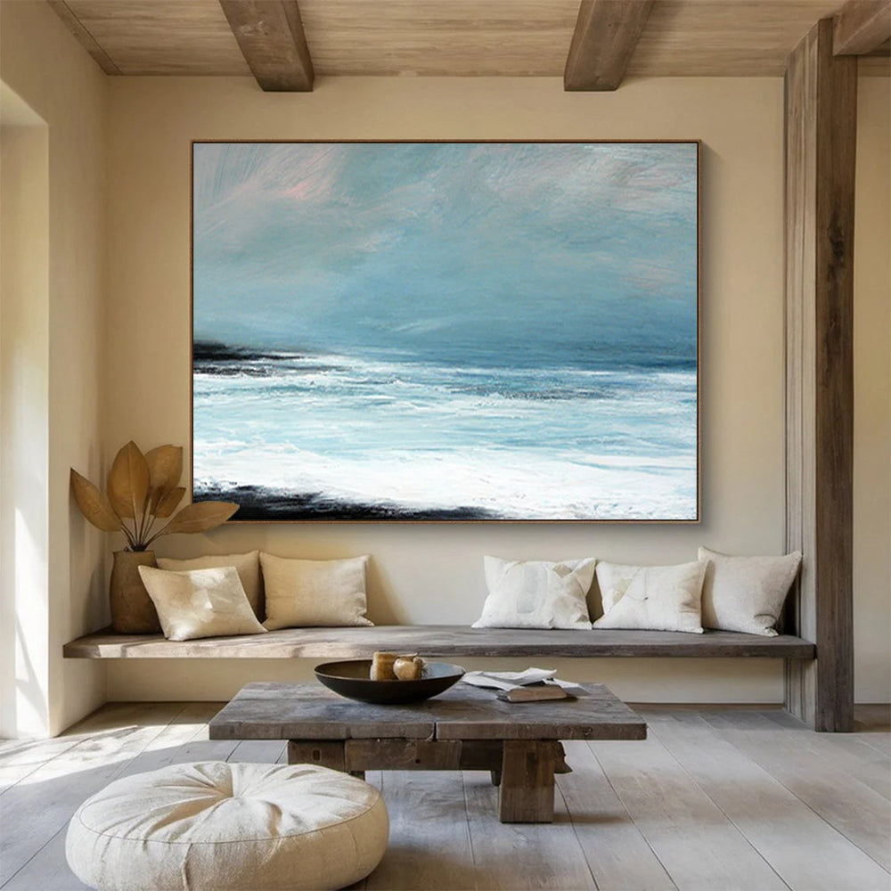 Horizontal Light Blue, White, and Black Abstract Coastal Waves, Abstract Oil Painting WB187