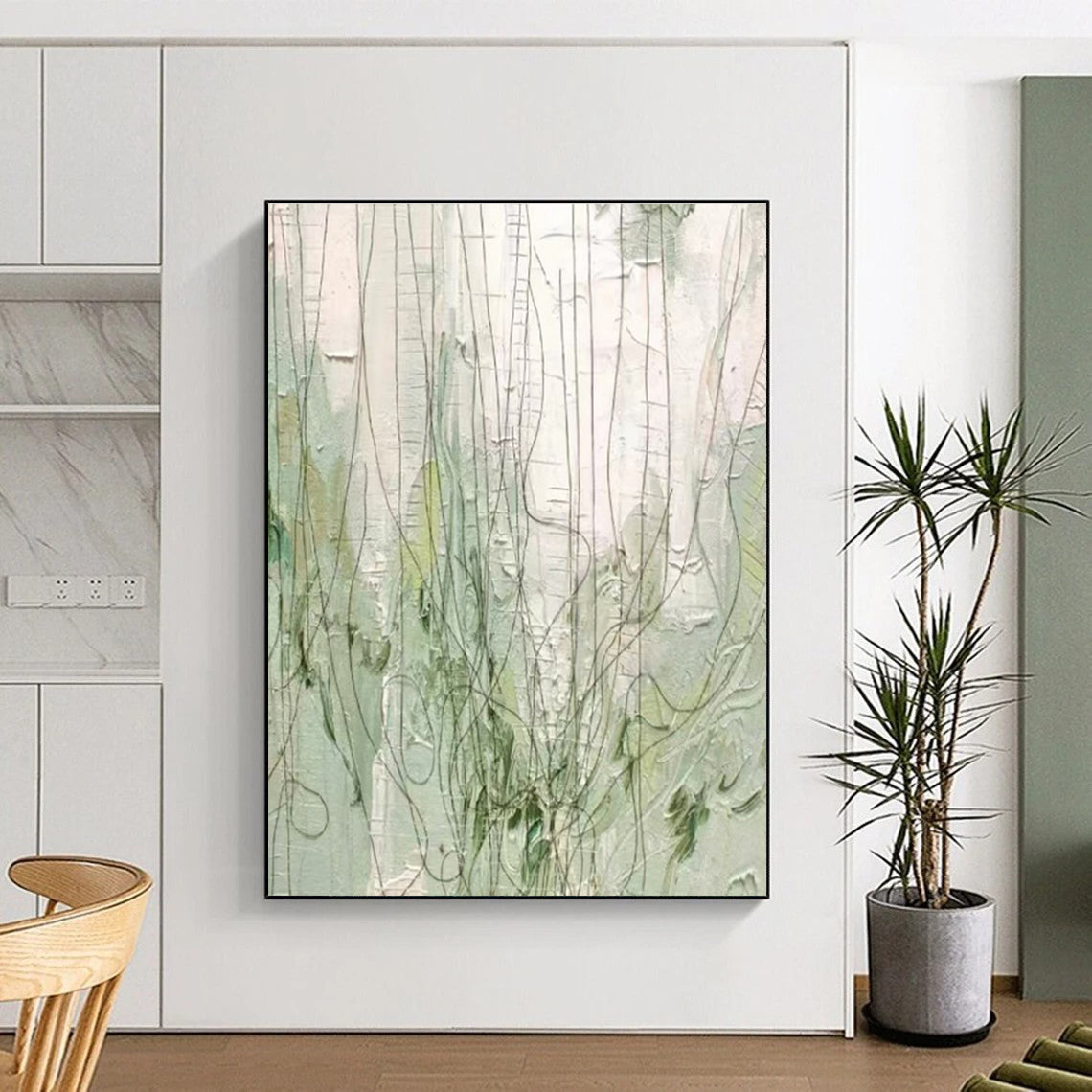 Unique Abstract Art Green & White Line Abstract, Large Contemporary Wall Art HS346