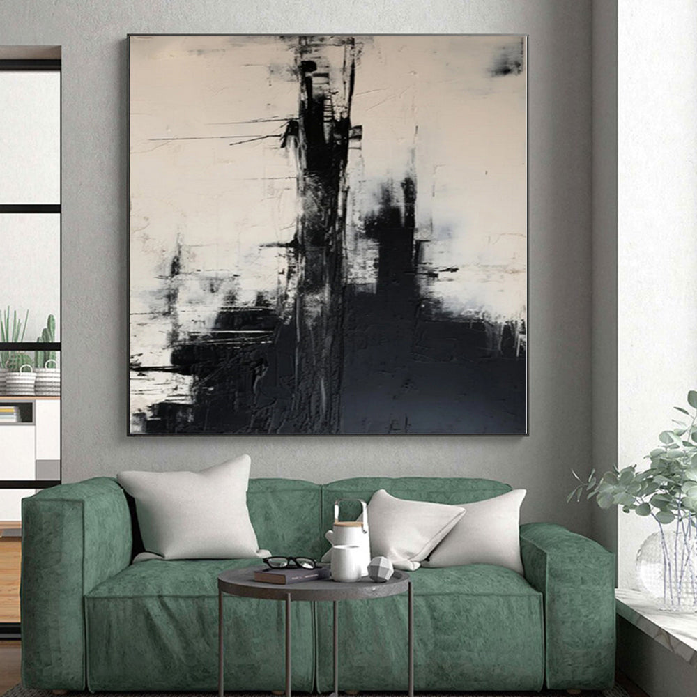 Hand-Painted Black and White Abstract Urban Landscape Painting For Sale HS056