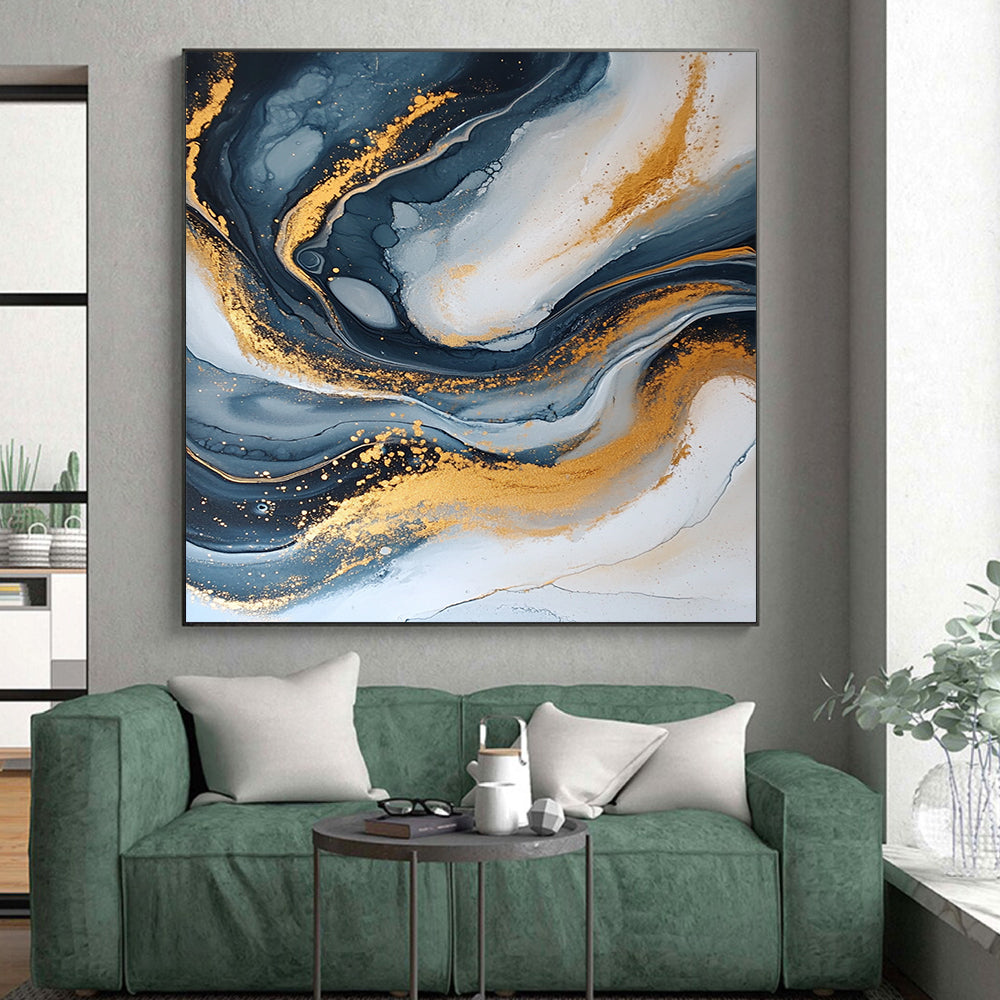 Modern Art Acrylic Black, White, and Gold Abstract Marble Painting For Sale HS114