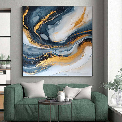 Modern Art Acrylic Black, White, and Gold Abstract Marble Painting For Sale HS114