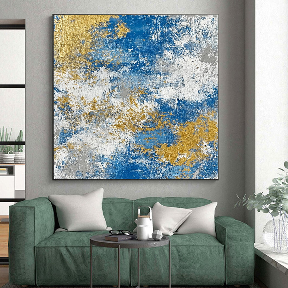 Handmade Art Blue, White, and Gold Abstract Textured Painting For Sale HS118