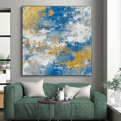 Handmade Art Blue, White, and Gold Abstract Textured Painting For Sale HS118