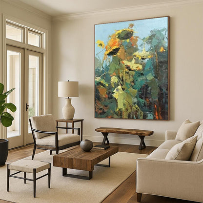 Yellow, Orange, and Green Abstract Sunflower Painting For Sale Online WS484