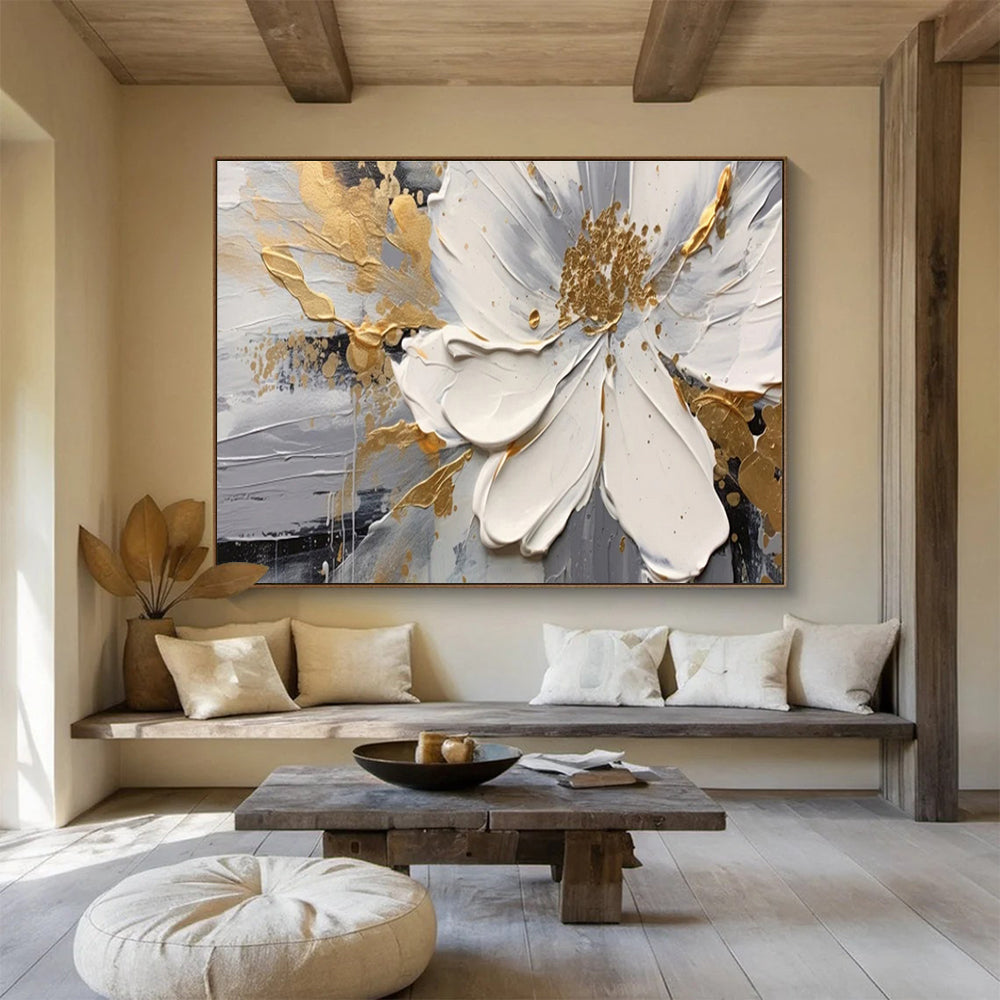 White, Gray, Gold Abstract Floral Art For Sale WB394