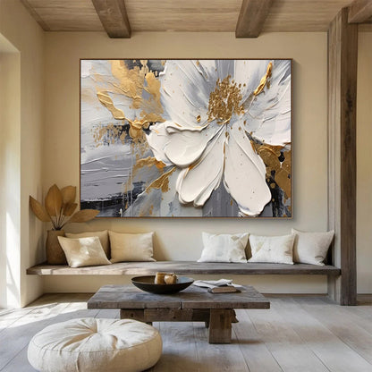 White, Gray, Gold Abstract Floral Art For Sale WB394