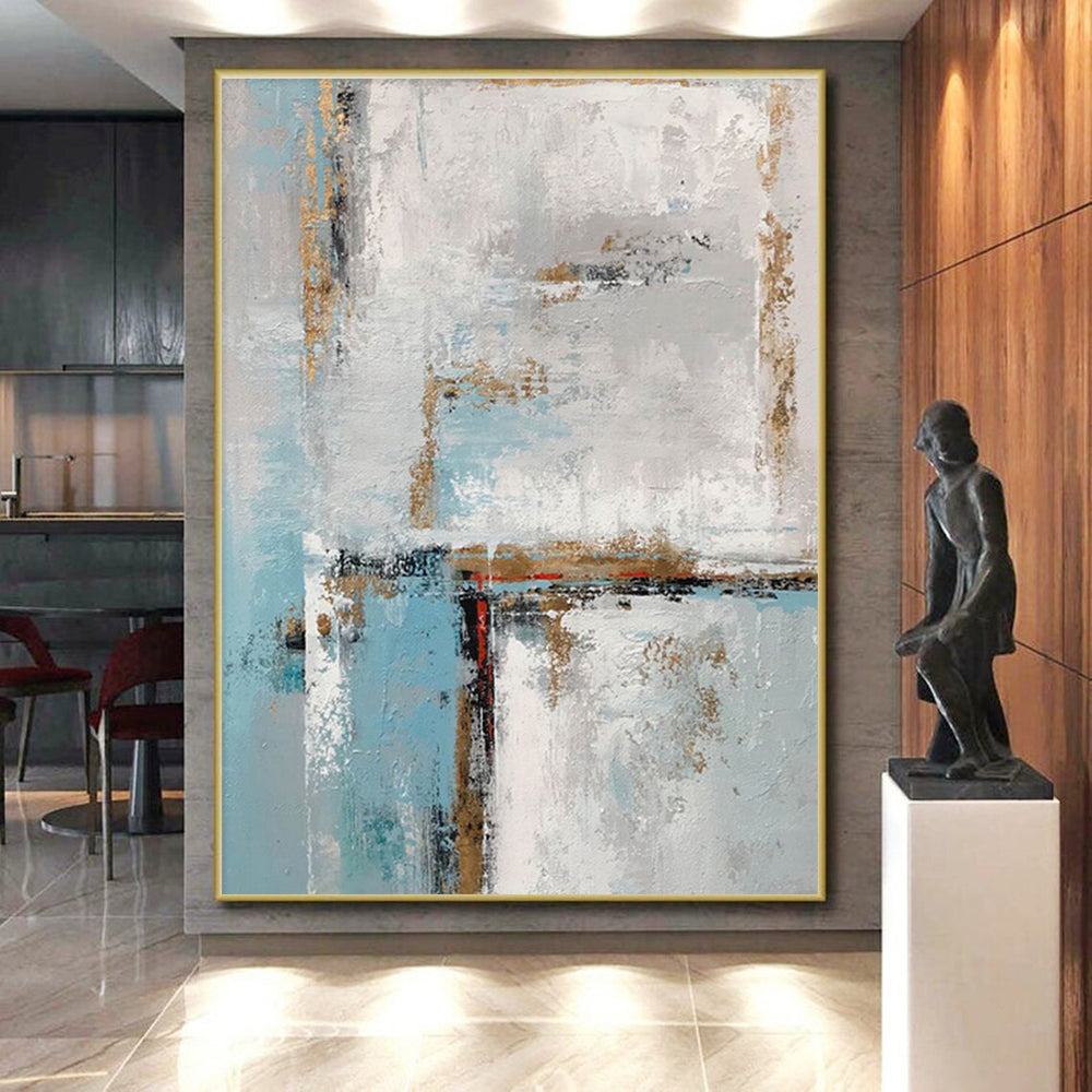 Unique Abstract Art Blue, White & Gold Textured Abstract, Large Contemporary Wall Art HS427