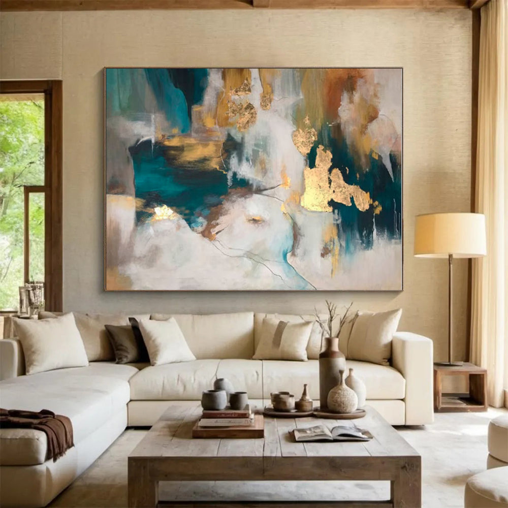 Acrylic Modern Art Paintings Teal, Gold, and Neutral Abstract Composition HS649