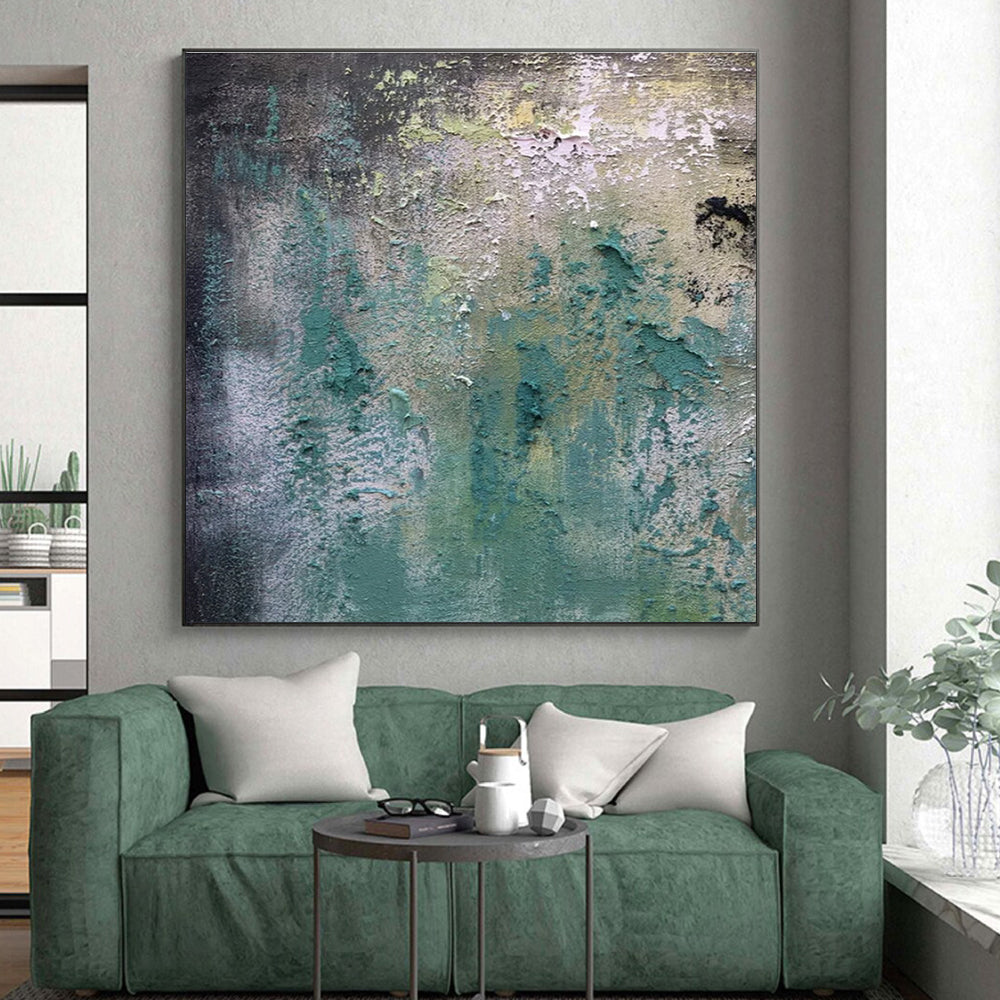 Hand Painted Art Teal, Green, and Gray Textured Abstract Painting On Canvas HS783