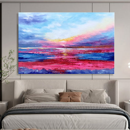Big Size Pink, Blue and Yellow Abstract Seaside Sunset Painting WB076